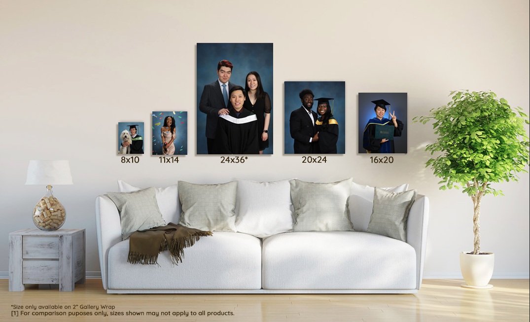 Photo showing an end table, sofa, and potted tree. Above the sofa is a selection of canvas prints of different sizes each showing a variety of grads.